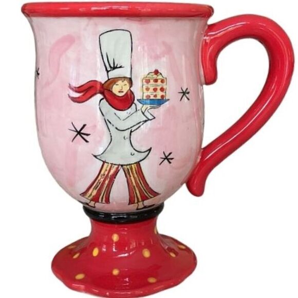 Jennifer Brinley‎ Certified International Pedestal Cafe Girl Chef Red Mugs 6" - Picture 1 of 8